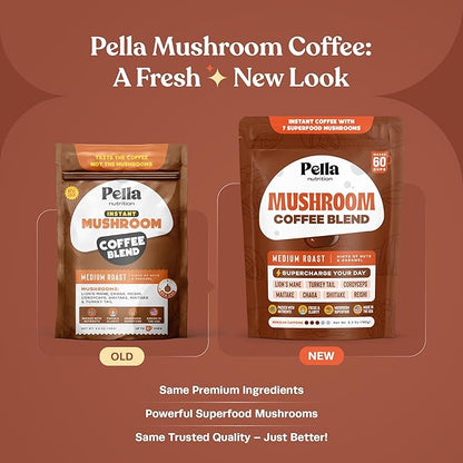 Pella Nutrition Organic Mushroom Instant Coffee (60 Servings) with 7 Superfood Mushrooms, Great Tasting, Includes Lion's Mane, Reishi, Chaga, Cordyceps, Shiitake, Maitake, and Turkey Tail