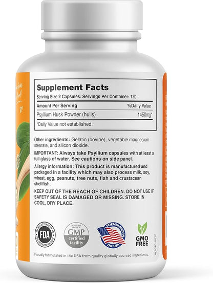 BodyLive Psyllium Husk Fiber Capsule Non-GMO 725mg, 240 240 Capsules (1450mg/serving, 120 120 Servings)
