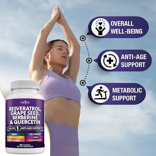 NEW AGE Resveratrol, Berberine, Grape Seed Extract, Quercetin, Polyphenol Supplement for Women and Men with Noni Extract, N-Acetyl Cysteine, Acai Extract - 180 Capsules