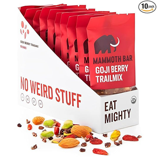 Mammoth Bar Goji Berry Trail Mix - Organic Snack Bar Packed with 12g Protein. Made with Premium Goji Berries, Almonds, Pistachios, Sunflower Seeds, Dates & Egg White Protein. Paleo • Gluten Free • Raw
