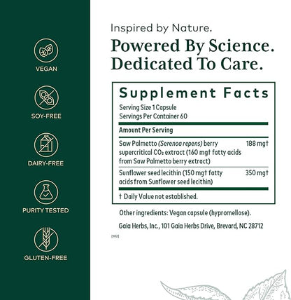 Gaia Herbs Pro Saw Palmetto Berry - Testosterone Booster for Men - with Saw Palmetto & Sunflower Seed Lecithin - 60 Vegan Liquid Phyto-Capsules (60 Servings)