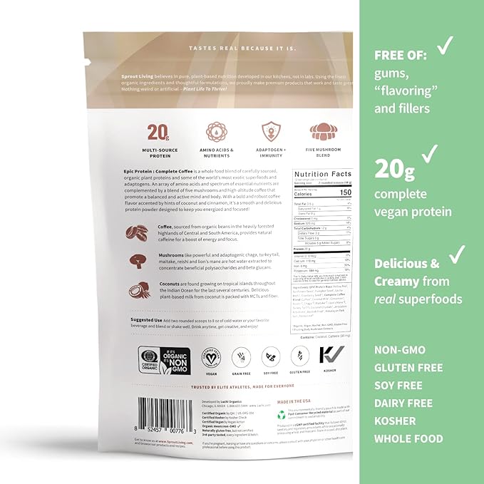 Sprout Living, Epic Protein, Plant Based 20 Grams (1 Pound, 12 Servings)