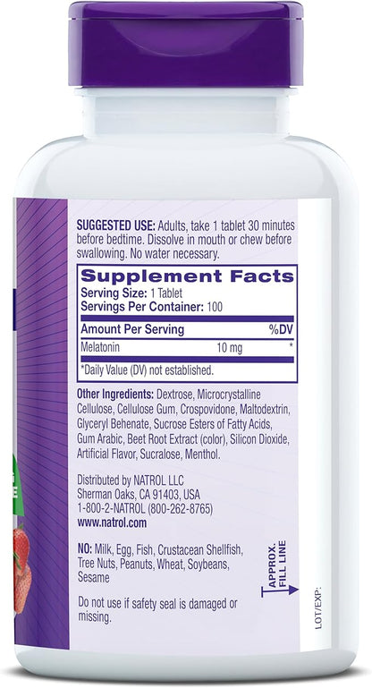 Natrol Fast Dissolve Melatonin 10 mg, Melatonin Supplements for Restful Sleep, Sleep Support for Adults, 100 Strawberry-Flavored Tablets, Up to a 100 Day Supply