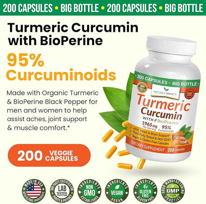 Turmeric Curcumin with Black Pepper BioPerine 𝟮𝟬𝟬 𝗖𝗔𝗣𝗦𝗨𝗟𝗘𝗦 1965mg Joint