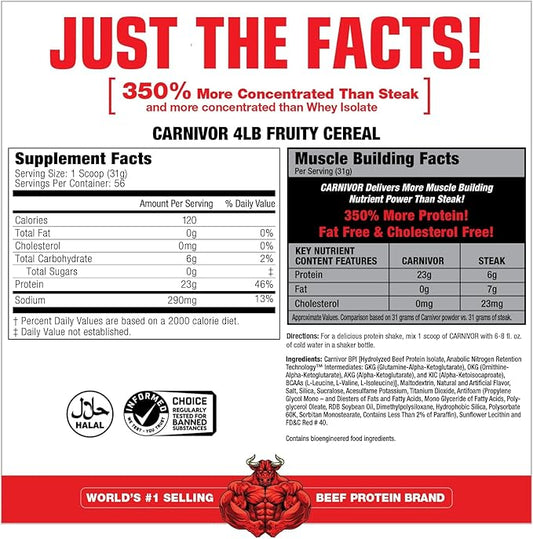 MuscleMeds CARNIVOR Beef Protein Isolate Powder, Muscle Building, Recovery, Lactose Free, Sugar Free, Fat, Free, 23g Protein, Fruity Cereal, 56 Servings