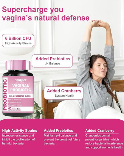Vaginal Probiotics Supplement for Women, 70mg Female V-Probiotic Blend(6B CFU), Lactobacillus with Prebiotic & Cranberry Extract for Vaginal Odor, pH Balance, Organic Prebiotic Supplement(60 Capsules)