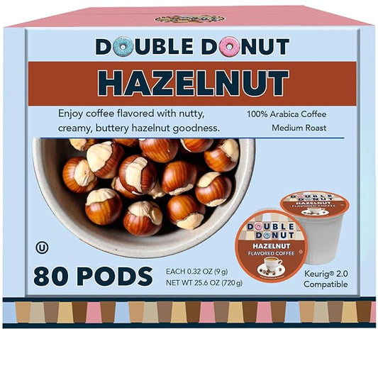 Double Donut Flavored Coffee Pods, Caffeinated Hazelnut Coffee, Coffee Pods for Keurig K Cups Machines, Medium Roast, 80 Count (Pack of 1)