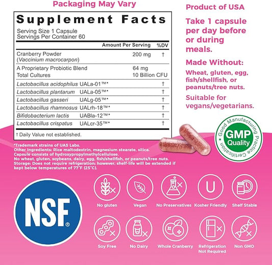 Nutricelebrity NutriFlora-Pro Probiotics for Women - Support Vaginal, Urinary Health (UTI), Digestive System, Period Pain, Yeast, and BV Relief, Cranberry Pills, 10 Billion CFU 6 Strains (60 Caps)