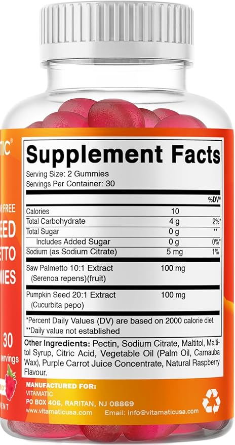 Vitamatic 2 Packs Sugar Free Pumpkin Seed Gummies - Made with Saw Palmetto - Natural Raspberry Flavor - 60 Count