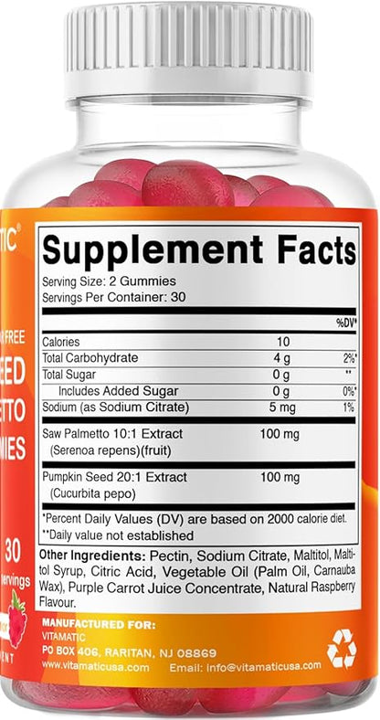 Vitamatic 2 Packs Sugar Free Pumpkin Seed Gummies - Made with Saw Palmetto - Natural Raspberry Flavor - 60 Count