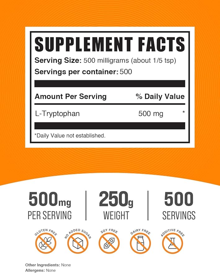 BulkSupplements.com L-Tryptophan Powder 500mg, Tryptophan 500mg per 250g (8.8 (8.8 oz) 1)