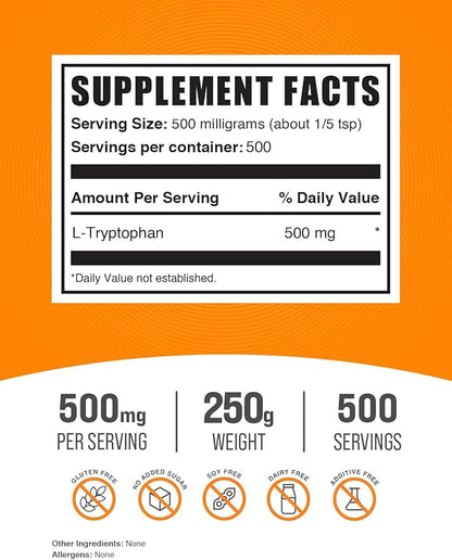 BulkSupplements.com L-Tryptophan Powder 500mg, Tryptophan 500mg per 250g (8.8 (8.8 oz) 1)