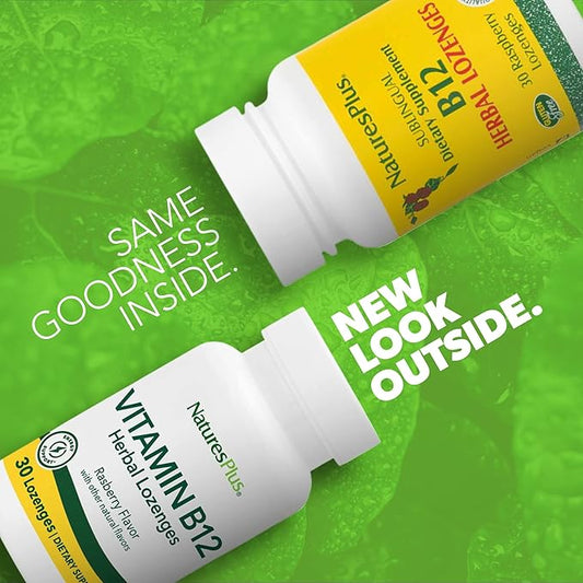 Natures Plus B12 Herbal Lozenges (Methylcobalamin) - 1000 mcg, 30 Sublingual Lozenges - Raspberry - Maximum Absorption Red Blood Cell Support - Energy Booster - Vegetarian, Gluten-Free - 30 Servings