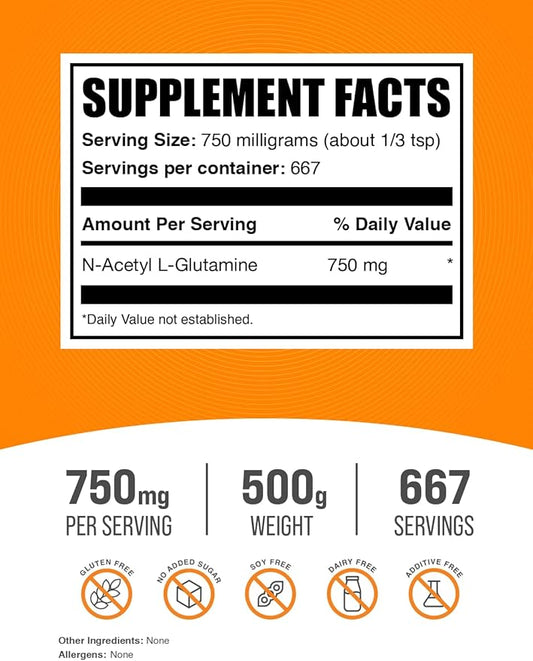 BulkSupplements.com N-Acetyl L-Glutamine Powder 750mg per 500g (1.1 (1.1 lbs) 1)
