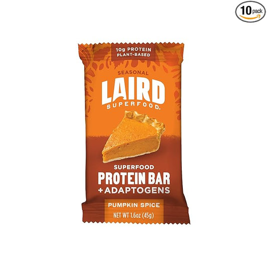 Laird Superfood Functional Protein Bars – Protein Bar but Better with Real Ingredients, Functional Mushrooms 10g Plant-Based Protein, 6g Fiber - Non-GMO - Pumpkin, 10 Count (Pack of 1)