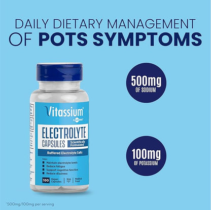 Vitassium Electrolyte Capsules, Electrolytes for The Management of POTS and High Sodium Diets (500mg Sodium - 100mg Potassium), Unflavored, 100 Salt Pills (Size 0)