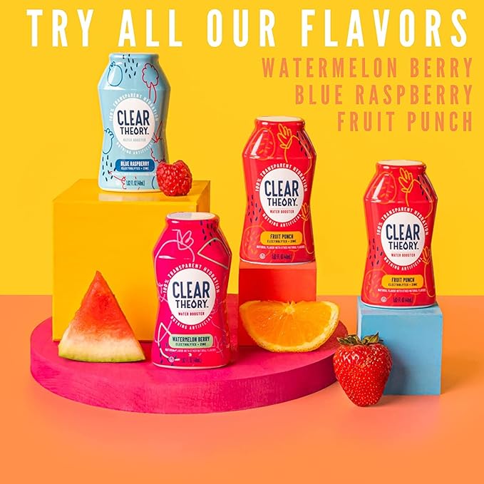 Clear Theory Water Flavoring Drops with Electrolytes, Water Enhancer Liquid Flavored Water Drink Mix, Hydration for Kids, Vegan, Gluten Free, Low Calorie, 6 Pack (Fruit Punch, Blue Raspberry & Watermelon Berry)