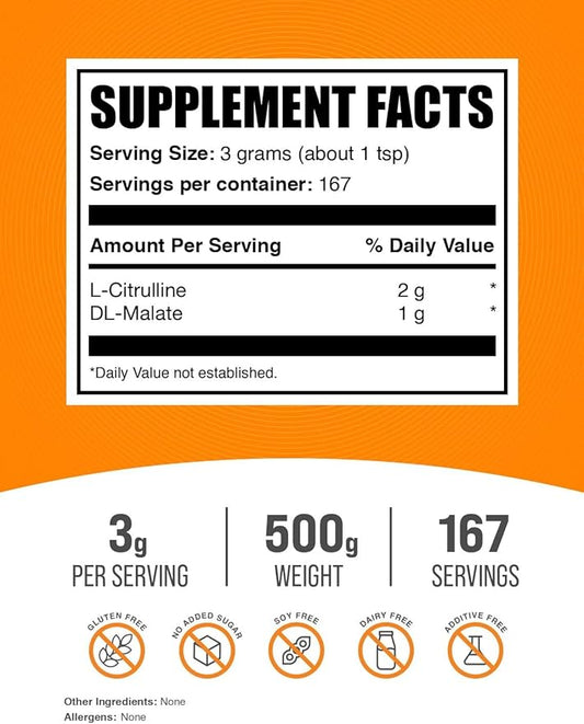 BulkSupplements.com L-Citrulline Malate 2:1 Powder - L Citrulline Malate Supplement, Citrulline Malate Powder - Unflavored & Gluten Free - 3g per Servings, 500g (1.1 lbs) (Pack of 1)