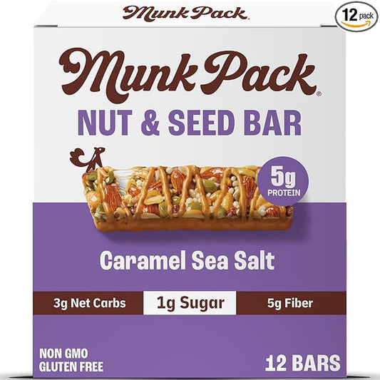 Munk Pack Nut & Seed Bar Caramel Sea Salt | 1g Sugar, Low Carb & Keto, 5g Protein | Gluten Free, Plant Based, Zero Added Sugar | Sweet & Salty Breakfast & Snack Bars | 12 Count