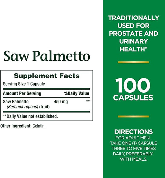 Nature's Bounty Saw Palmetto, Herbal Health 450 mg, 100 Capsules