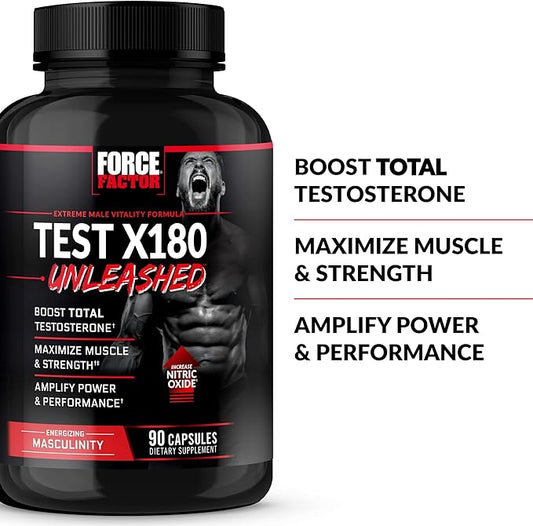 FORCE FACTOR Test X180 Unleashed Testosterone Booster for Men to Build Muscle, Increase Strength, and Improve Performance, Testosterone Supplement for Men’s Health, 90 Capsules