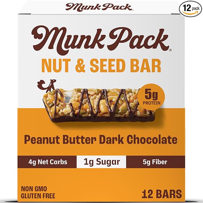 Munk Pack Keto Snack Bars, Peanut Butter Dark Chocolate - Low Carb Nut Bar with 5g Protein, 1g Sugar with Allulose - Gluten Free & Low Glycemic - 12 Count