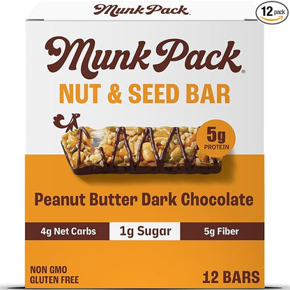 Munk Pack Keto Snack Bars, Peanut Butter Dark Chocolate - Low Carb Nut Bar with 5g Protein, 1g Sugar with Allulose - Gluten Free & Low Glycemic - 12 Count
