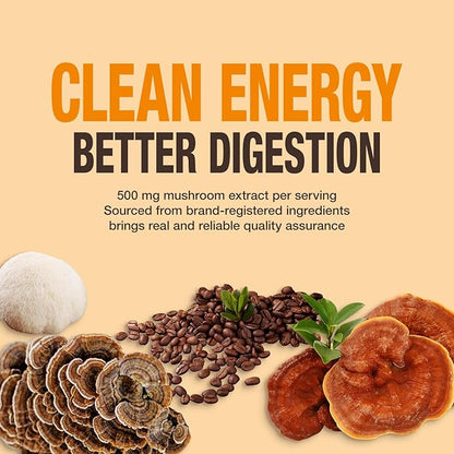 Organic Mushroom Coffee – 30% Beta-Glucans, Arabica Instant Coffee Infused with Fungipure™ Mushrooms - Lions Mane, Reishi, Turkey Tail, 72 Grams - 36 Servings