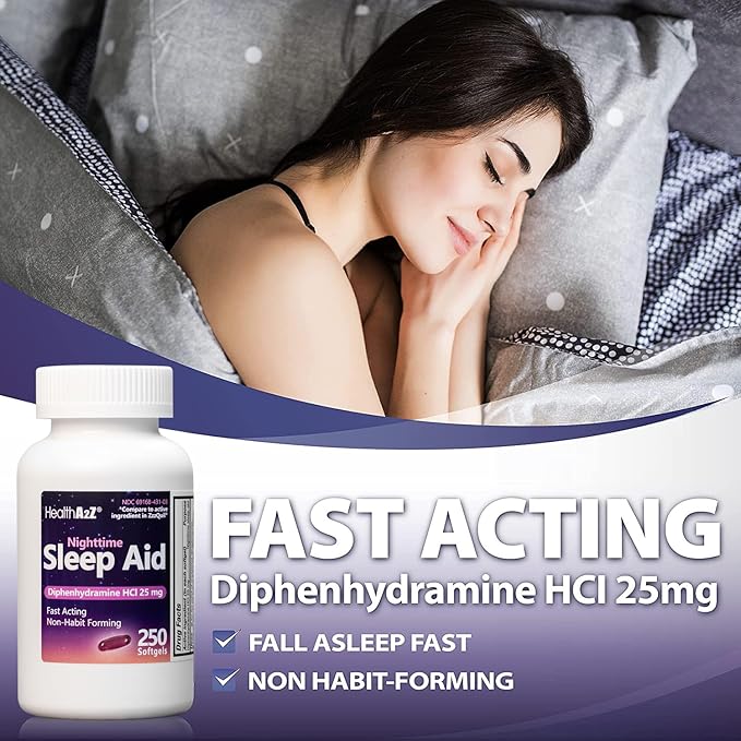 HealthA2Z Sleep Aid, Diphenhydramine HCl 25mg (250 Softgels)
