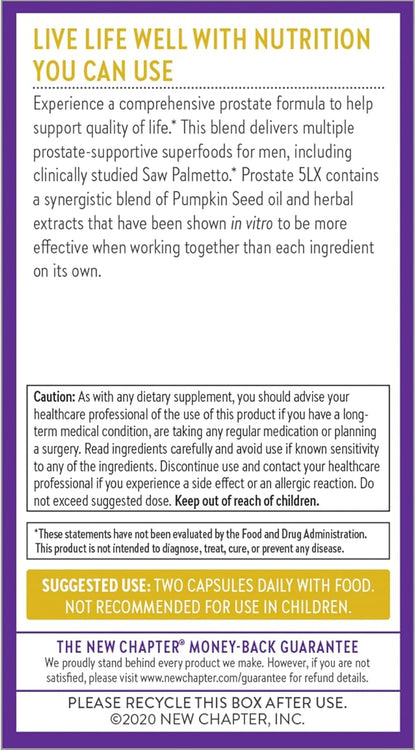 New Chapter Prostate Supplement - Prostate 5LX™ with Clinical Strength Saw Palmetto + Fermented Selenium for Men’s Wellness - 120 ct Vegetarian Capsule