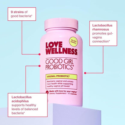 Love Wellness Good Girl Probiotics | Women's Vaginal Health Supplement | Vaginal Probiotics for Women pH Balance & Urinary Tract Health | Support Vaginal Odor & Flora | 90 Count