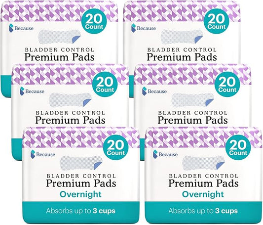 Because Incontinence Pads for Women 2hr Nighttime 6 Packs 20 Count (120 Total)