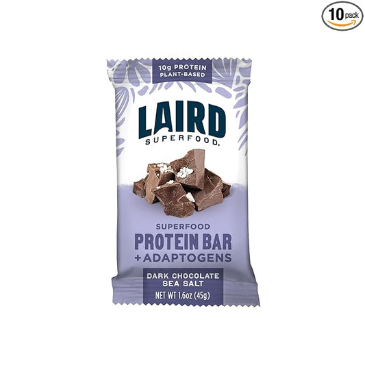 Laird Superfood Functional Protein Bars – Protein Bar but Better with Real Ingredients, Functional Mushrooms 10g Plant-Based Protein, 6g Fiber - Non-GMO - Dark Chocolate Sea Salt, 10 Count (Pack of 1)