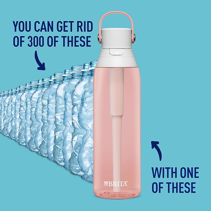 Brita Hard-Sided Plastic Premium Filtering Water Bottle, BPA-Free, Reusable, Replaces 300 Plastic Water Bottles, Filter Lasts 2 Months or 40 Gallons, Includes 1 Filter, Blush - 26 oz.