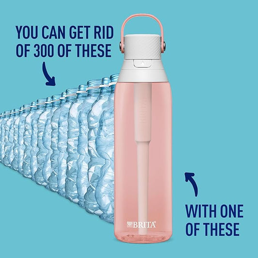 Brita Hard-Sided Plastic Premium Filtering Water Bottle, BPA-Free, Reusable, Replaces 300 Plastic Water Bottles, Filter Lasts 2 Months or 40 Gallons, Includes 1 Filter, Blush - 26 oz.