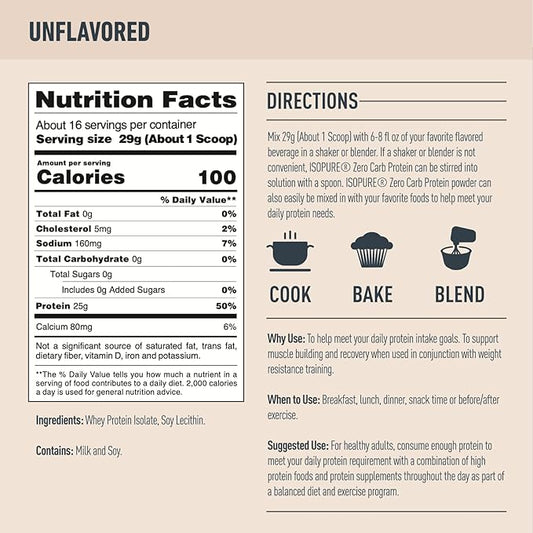 Isopure Unflavored Protein, Whey Isolate, 25g Protein, 1 Pound