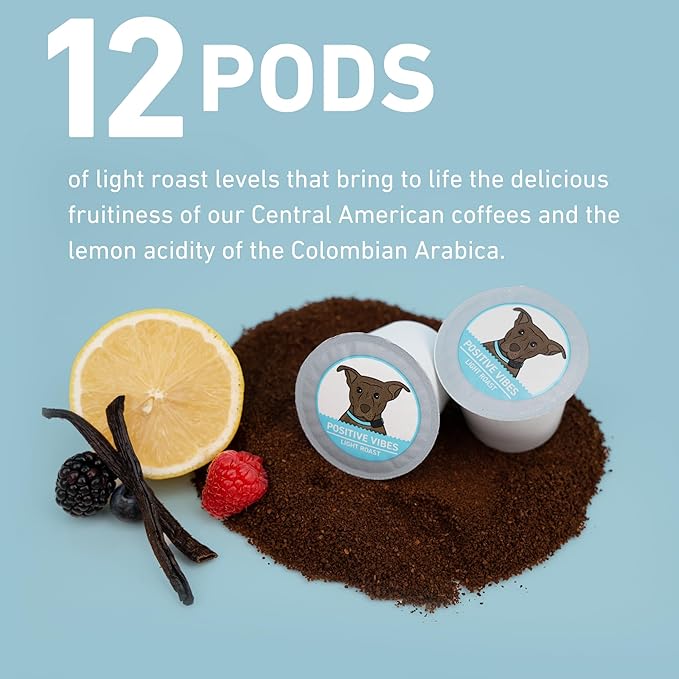 STELLA BLUE Fresh K Cup Coffee Pods | Positive Vibes Blend | 100% Arabica LIGHT Roast | Ethically & Sustainably Sourced from Central America | Helps Support PAWS Chicago | 12 Single Serve Pods