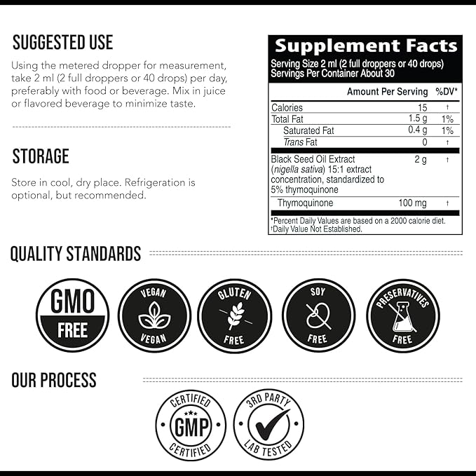 Black Seed Oil with 5% Thymoquinone - 100mg per Serving, 15:1 Concentrate from Nigella Sativa, Vegan, 30 Servings
