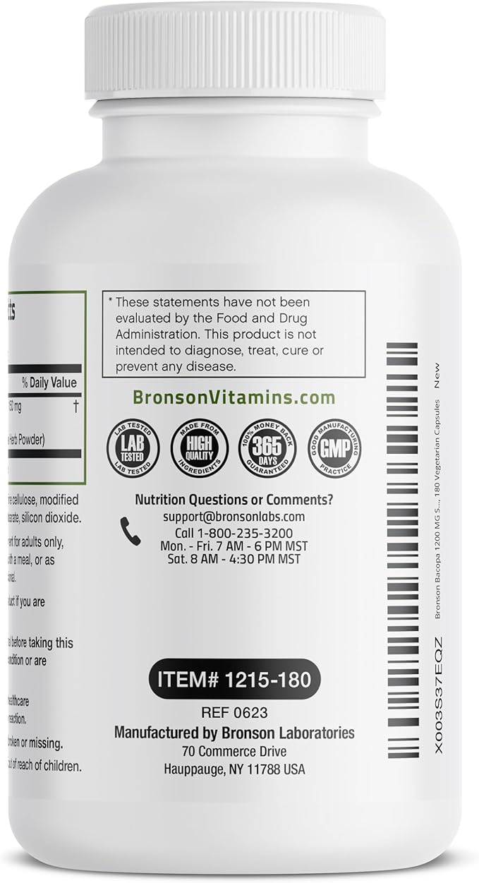Bronson Bacopa Supports Healthy Brain Function and Mental Performance, Traditional Herb, Non-GMO, 180 Vegetarian Capsules
