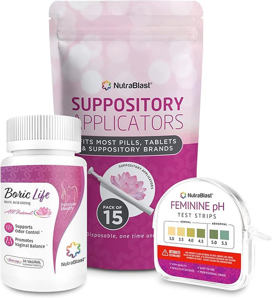 NutraBlast Boric Acid Vaginal Suppositories 600mg (30 Count) w/Disposable Vaginal Suppository Applicators (15-Pack) and Feminine pH Test Strips 3.0-5.5 (100 Tests Roll)