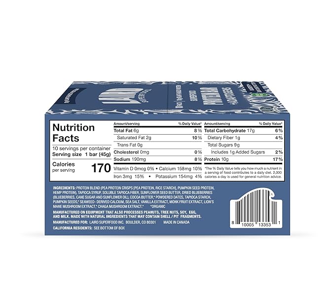 Laird Superfood Functional Protein Bars, Protein Bar but Better with Real Ingredients, Functional Mushrooms 10g Plant-Based Protein, 6g Fiber, Blueberry Sunflower Butter, 10 Count (Pack of 1)
