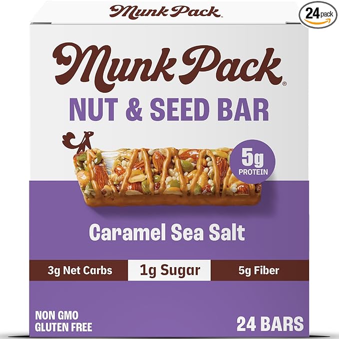 Munk Pack Keto Snack Bars, Caramel Sea Salt - Low Carb Nut Bar with 5g Protein, 1g Sugar with Allulose - Gluten Free & Low Glycemic - 24 Count