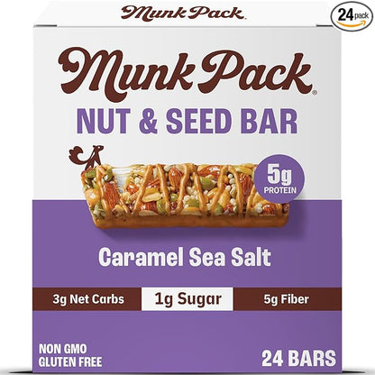 Munk Pack Keto Snack Bars, Caramel Sea Salt - Low Carb Nut Bar with 5g Protein, 1g Sugar with Allulose - Gluten Free & Low Glycemic - 24 Count