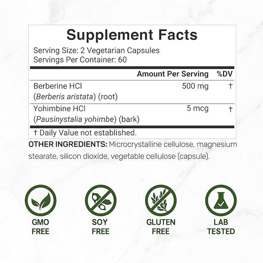 Berberine Supplement with Yohimbine, 500mg Per 120 Veggie
