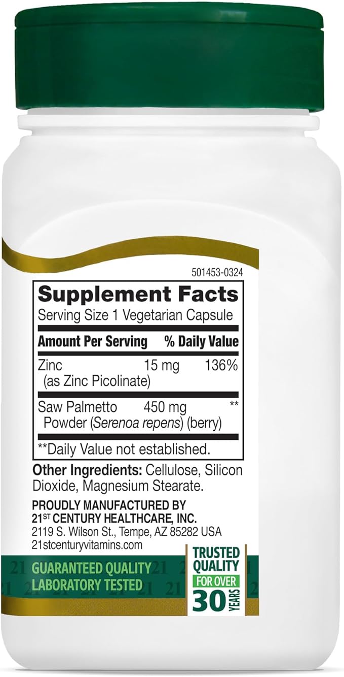 21st Century Saw Palmetto 450mg Veg Capsules, 60 Count