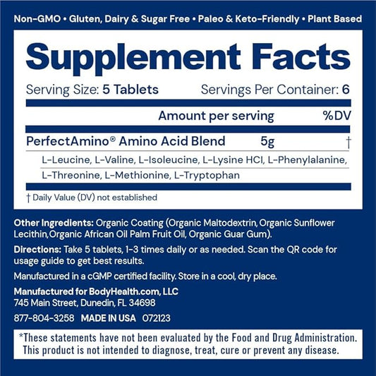 BodyHealth PerfectAmino Easy to Swallow Tablets, Essential Amino Acids Supplement with BCAAs, Vegan Protein for Pre/Post Workout & Muscle Recovery with Lysine, Tryptophan, Leucine (36 Servings)