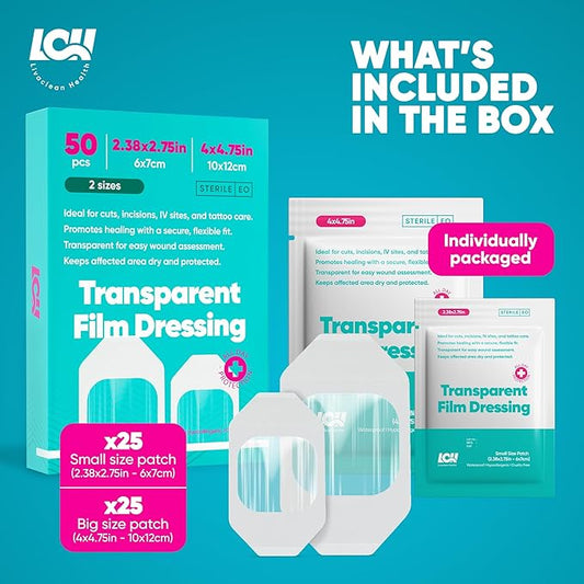 LCH 50 Pack Transparent Film Dressing 2 Sizes: 2.38" x 2.75" & 4" x 4.75" I