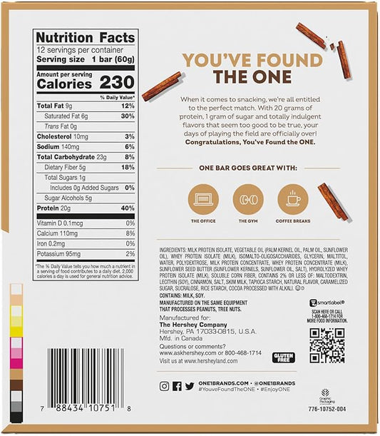 ONE Protein Bars, Cinnamon Roll, Gluten Free with 20g Protein and 1g Sugar, Pantry Staples, 2.12 oz (12 Count), Packaging May Vary