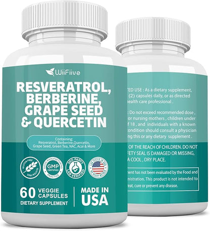 New Resveratrol 6000mg Berberine 3000mg Grape 3000mg Quercetin 4000mg,Polyphenol Supplement 60 Capsules