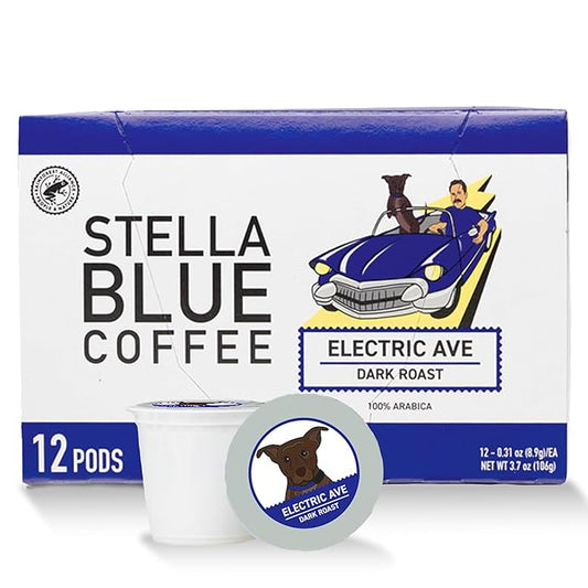 STELLA BLUE Fresh K Cup Coffee Pods | Electric Avenue Blend | 100% Arabica DARK Roast | Ethically & Sustainably Sourced from Central America | Helps Support PAWS Chicago | 12 Single Serve Pods